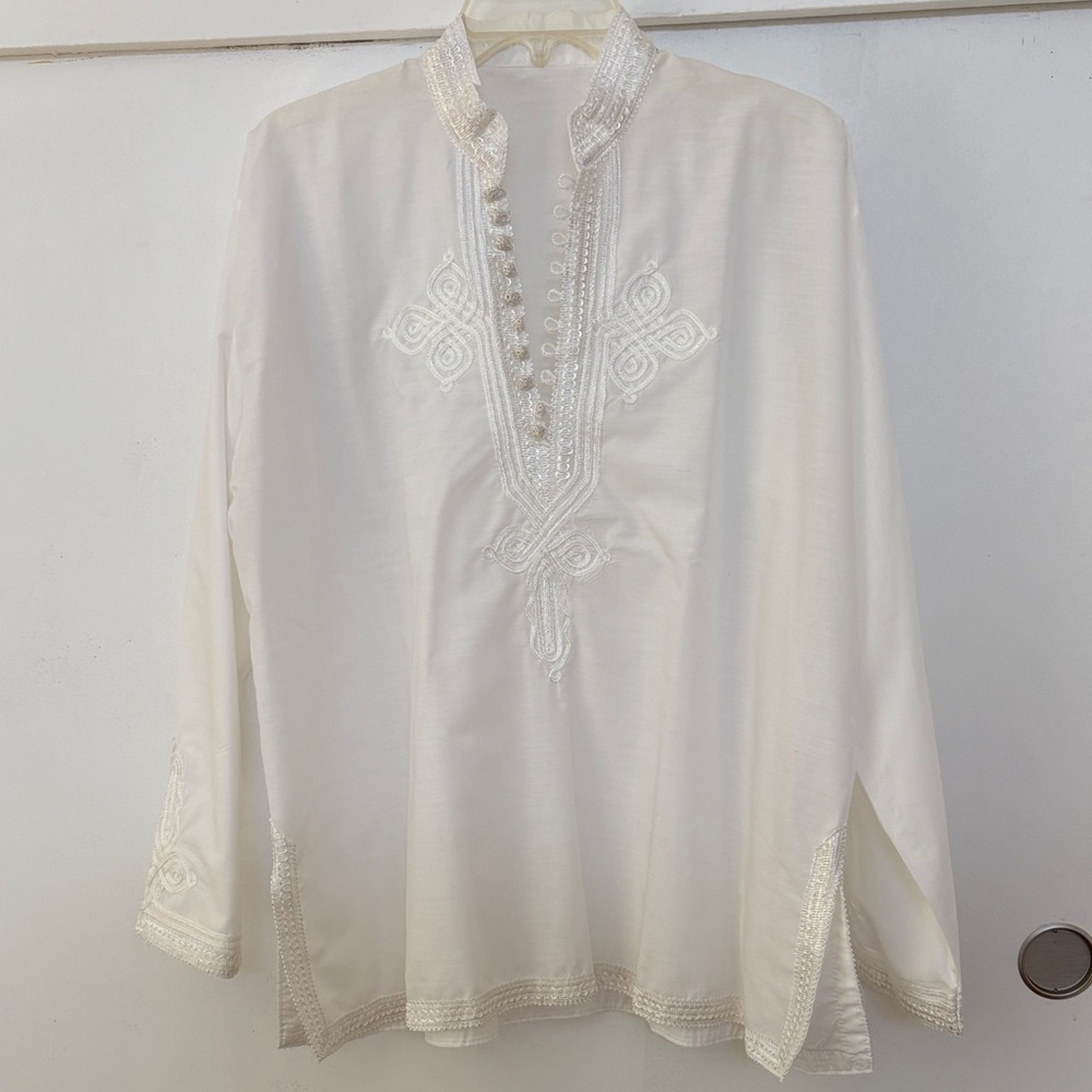 Moroccan Men Tunic Shirt Cafan Casual Handmade Embroidered Cotton Large White